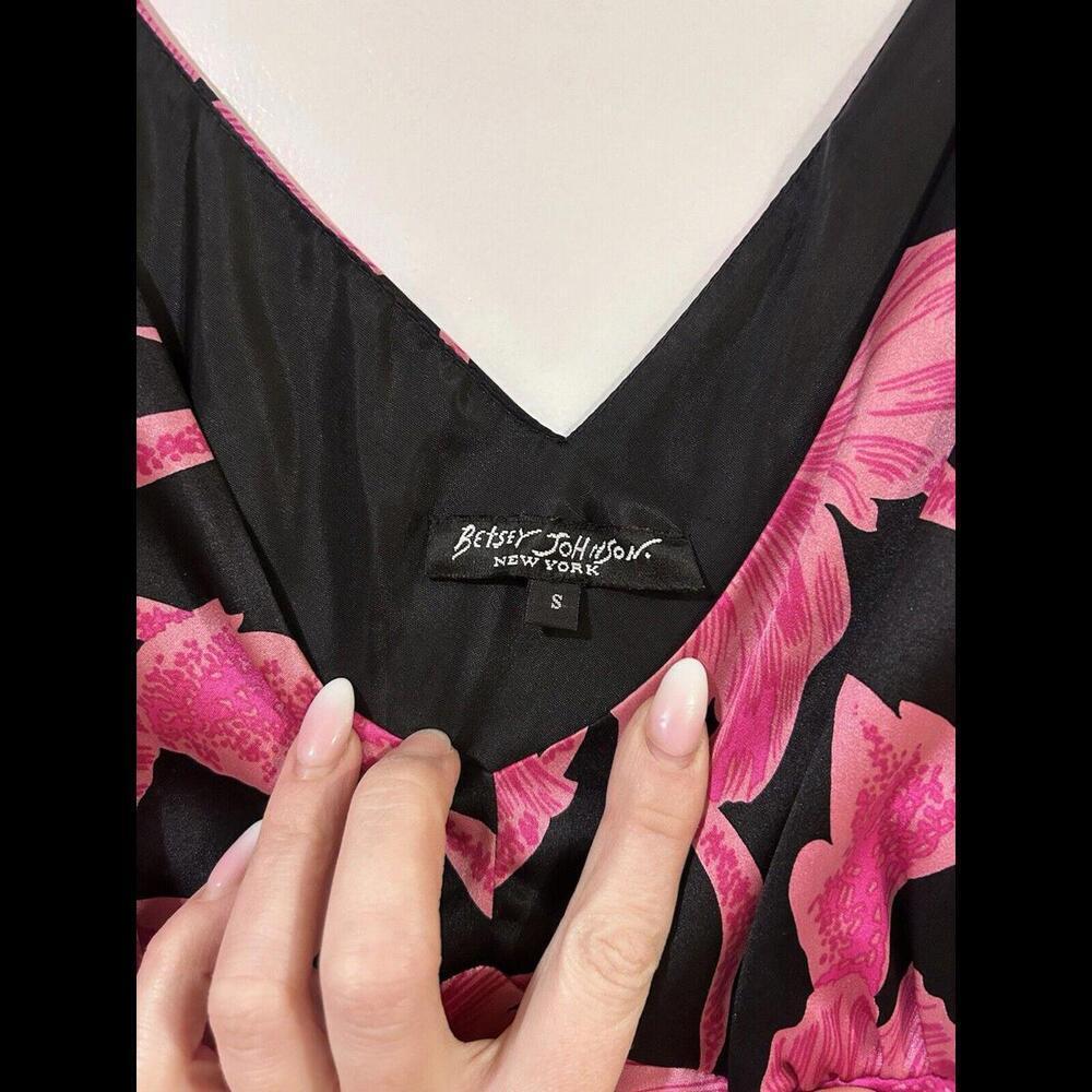 Vintage Betsey Johnson Silk Slip Dress Floral Pink Black Stretch Satin Small - Picture 7 of 12